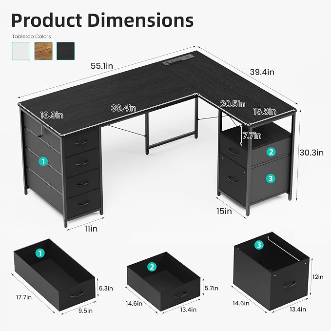 YOUDENOVA 55 Inch L Shaped Desk with Power Outlets & Type-C Port, Reversible Corner Computer Desk with 6 Drawers & File Cabinet, Large Workstation for Home Office, Gaming, Study, Black