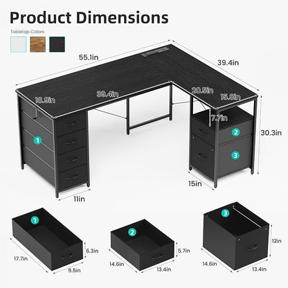 YOUDENOVA 55 Inch L Shaped Desk with Power Outlets & Type-C Port, Reversible Corner Computer Desk with 6 Drawers & File Cabinet, Large Workstation for Home Office, Gaming, Study, Black