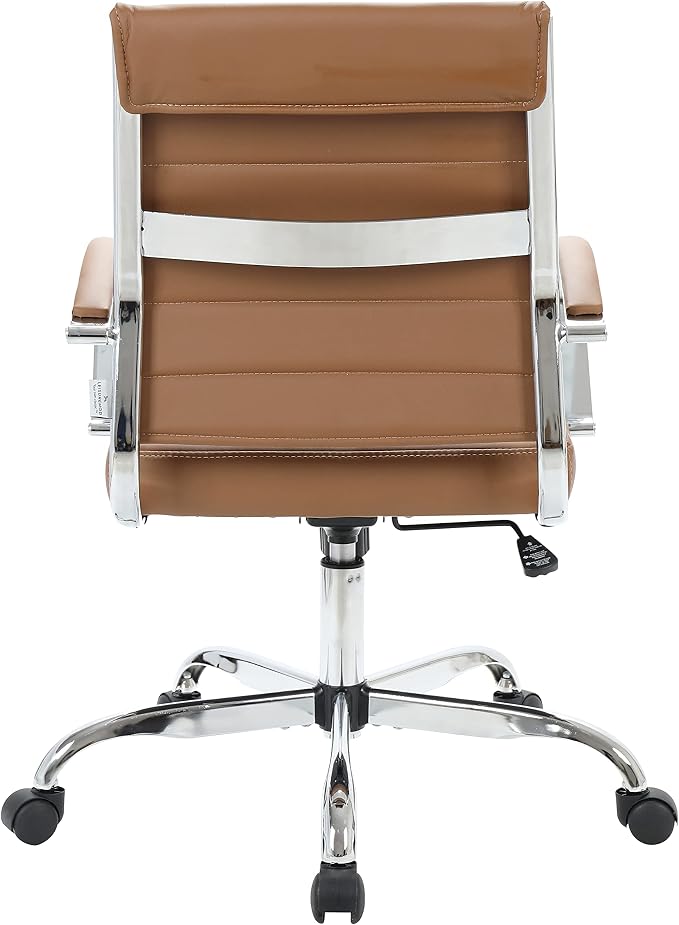 LeisureMod Benmar Leather Office Desk Chair, Mid-Back Ergonomic Swivel Chair with Lumbar Support, Adjustable Height, Tilt Lock, Cushioned Seat & Back, Home Office Task Chair (Brown, Single)