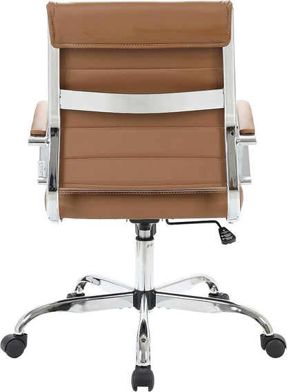 LeisureMod Benmar Leather Office Desk Chair, Mid-Back Ergonomic Swivel Chair with Lumbar Support, Adjustable Height, Tilt Lock, Cushioned Seat & Back, Home Office Task Chair (Brown, Single)