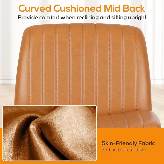 DUMOS Criss Cross Chair No Wheel Legged Office Wide Comfy Desk Vanity Chair, Armless Computer Task Seating PU Leather, Swivel Home Height Adjustable for Bedroom, Study, Brown No Wheel