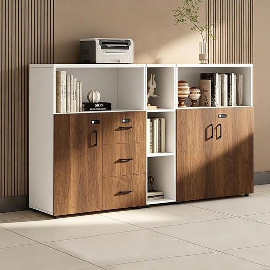 File Cabinet with Password Lock, Wood Lateral Filing Cabinet for Letter/A4 Files, 3 Drawer with Door, Printer Stand with Open Shelves for Home Office