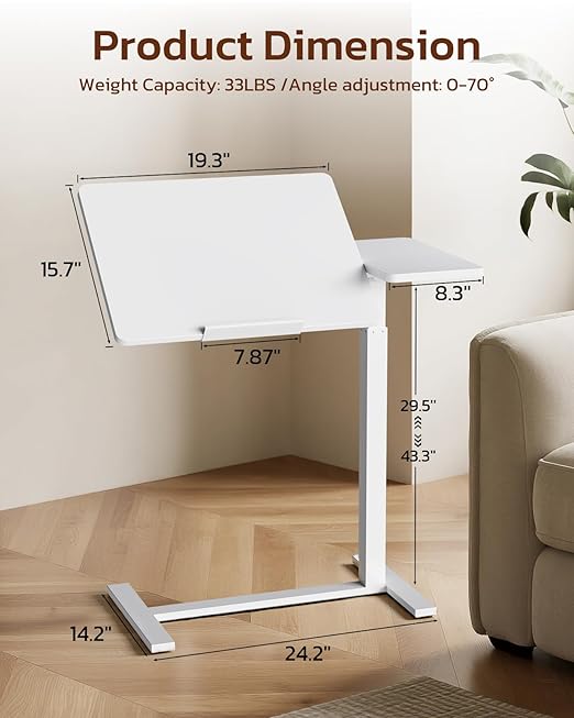 Simple Deluxe Overbed Bedside Table with Hidden Casters, Height Adjustable Desk with Tilting Top, Mobile Rolling Laptop Desk, Standing Rolling Desk Hospital Home Use, White