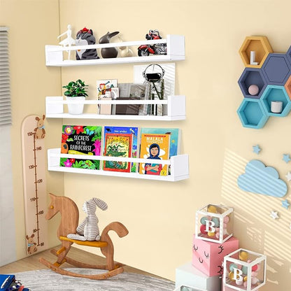 AZSKY Classic Nursery Book Shelves White Wall Book Shelves Kids Bookshelf for Bedroom Bathroom Décor Wall Ledge Shelves 36 Inch Hanging Shelves a Set of 3
