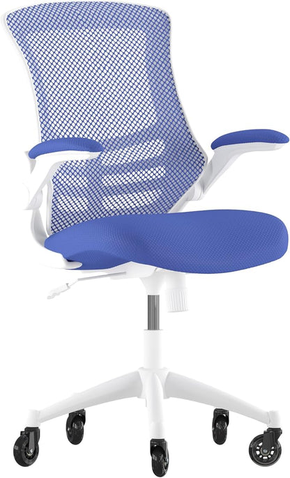 Flash Furniture Kelista Mid-Back Blue Mesh Swivel Ergonomic Task Office Chair with White Frame, Flip-Up Arms, and Transparent Roller Wheels