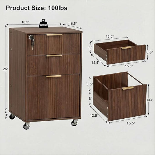 3 Drawers Fluted Mobile File Cabinet with Lock, Rolling File Cabinet Printer Stand Table, Under Desk Wooden Filing Cabinets for Home Office Essentials Storage Organization Furniture Letters/A4(Walnut)