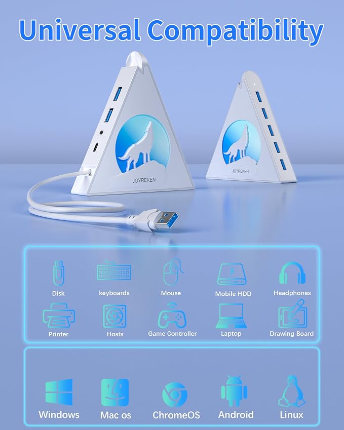 7 Port USB Hub, JoyReken USB 3.0 Hub with 2 FT Long Cable, Vertical USB Extension Hub for Laptop, MacBook, Flash Drive, XPS, PC, Flash Drive, Game Console, Printer, Camera,Keyborad, Mouse (White)