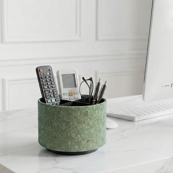 Round Leather Art Supply Organizer,Remote Control Holder,360 Degree Spinning,Multi-Functional Pencil Holder,4 Compartments Desktop Stationary Organizer(1-Soft Green)