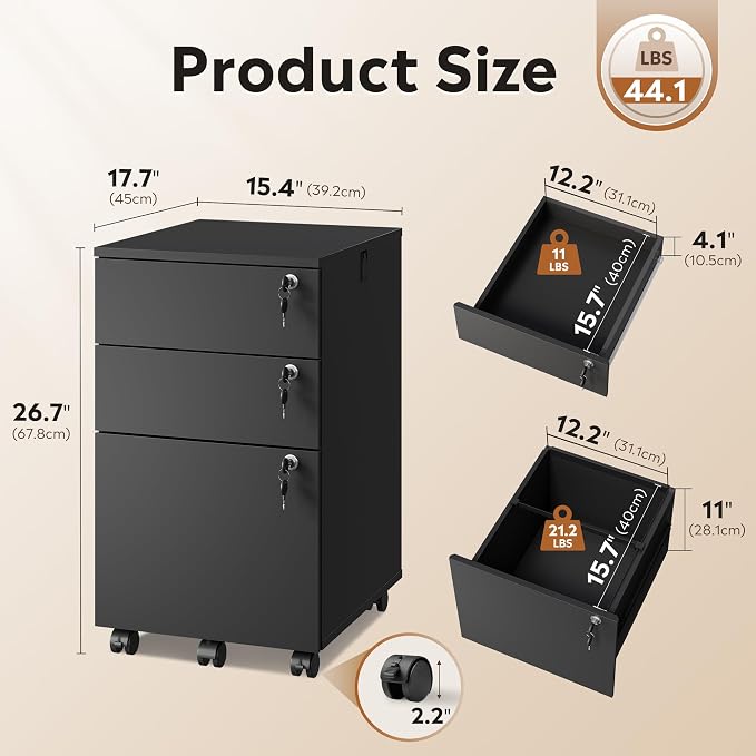 DEVAISE 3 Drawer File Cabinet with Individual Locks, Wood Filing Cabinet for Home Office, Mobile Printer Stand with Wheels, Under Desk Storage for Letter/A4/Legal Size, Black