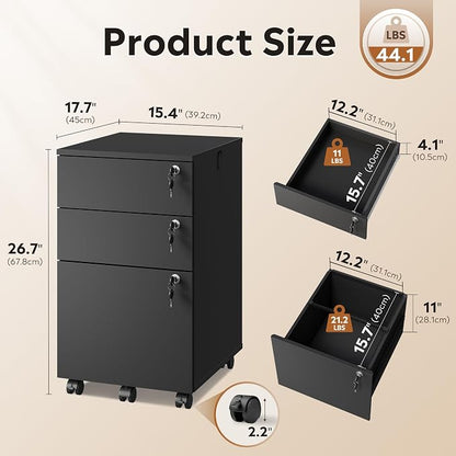 DEVAISE 3 Drawer File Cabinet with Individual Locks, Wood Filing Cabinet for Home Office, Mobile Printer Stand with Wheels, Under Desk Storage for Letter/A4/Legal Size, Black