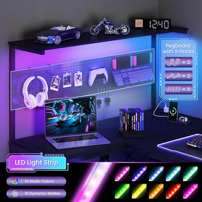 Apicizon L Shaped Desk Gaming Desk with LED Light & Power Outlet, 47 Inch Reversible Computer Desk with Pegboard & Shelf & Storage Bag for Home Office, Black