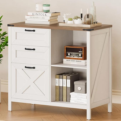 Farmhouse Lateral Filing Cabinet with 3 Drawers and Open Shelf, Lateral File Cabinet with with File Drawer for Letter/A4 Hanging File, Large Printer Stand for Home Office, Living Room, Rustic White