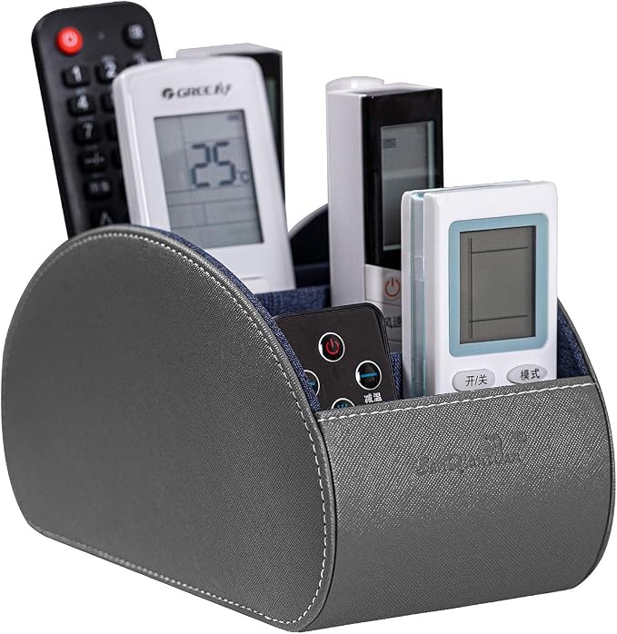 BONNY DODO Remote Control Holders Organizer Box with 5 Compartment PU Leather Multi-functional Office Desk Storage Caddy Store Tv Remote for Media Player,Brush,Pencil,Glassees&Office Supplies (Gray)