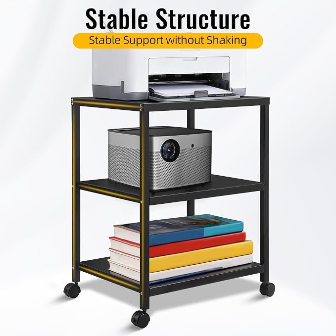 3-Tier Under Desk Printer Stand, 30-Inch Deep Large Printer Table with Height-Adjustable Shelf & 4 Lockable Wheels, Space-Saving Organizer for Home & Office