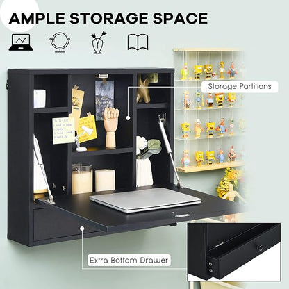 Tangkula Pneumatic Floating Desk - Wall Mounted Laptop Desk with Magnetic Foldable Tabletop, Space Saving Table with Storage Drawer and Shelves (Black)