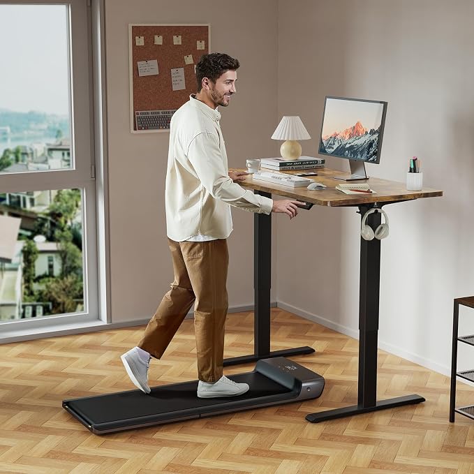 WALKINGDESK 55x24 Inches Height Adjustable Electric Standing Desk with 2 Hooks for Home Office, Ergonomic Sit Stand up Desk with Splice Board, Rustic Brown