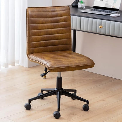 Furniliving Leather Office Chair with Wheels Armless Vanity Desk Chair 360° Swivel Computer Rolling Chair with Mid Back, Height Adjustable Accent Chairs with Gold Metal Base Stool, PU YellowBrown