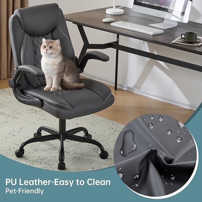 YFO Leather Office Chair, Ergonomic Home Office Desk Chair, Back Support Swivel Executive Office Chair with Wheels and Flip-Up Armrests, Small Gaming Chair with Adjustable Rocking Function, Grey