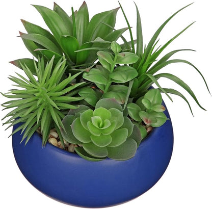 Hollyone Fake Plants Artificial Succulents in Pots Faux Succulent Arrangement Potted Plant in Blue Ceramic Planter Bowl for Home Decor Office Desk Bathroom Shelf Living Room Indoor Decorations