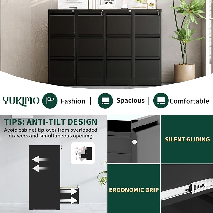 3 Drawer File Cabinet with Lock, Vertical File Cabinet with Lock, Locking File Cabinet Hanging Files for A4/ Legal/Letter, Require Assembly, Black
