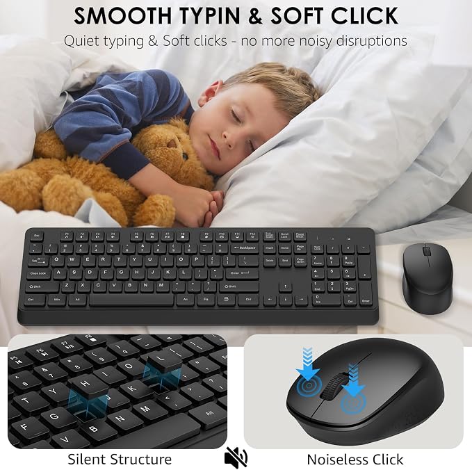 BKA BYA Wireless Keyboard and Mouse Combo,Full Size Quiet Bluetooth Keyboard and Mouse, 2.4GHz USB Receiver, Cordless Silent Keyboard and Mouse for PC, Windows, MAC, Laptop, Black