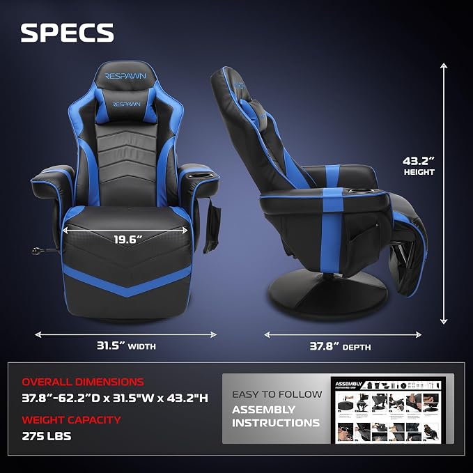 RESPAWN 900 Console Gaming Recliner with Footrest and Lumbar Support - Comfortable Ergonomic Gaming Chair with Headrest, No Wheels, Reclining, Heavy Duty, Racing Style Video Game Chairs - Blue