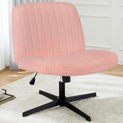 DUMOS Criss Cross Chair No Wheels, Cross Legged Office Desk Armless Vanity Chiar Wide Seat, Height Adjustable Swivel Computer Task Chairs for Home Bedroom, Pink Teddy