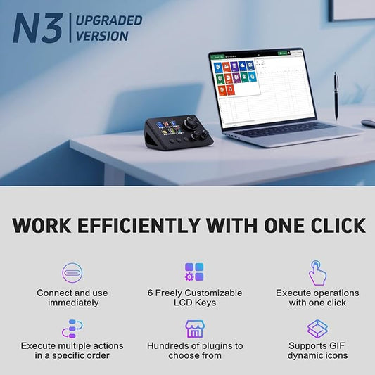 ActionRing Streaming Macro Keypad, Stream Controller Deck, Gaming Shortcut Keyboard, with 6 Customizable LCD Shortcut Keys, 3 Buttons and 3 Dials, Trigger Actions in OBS/Twitch/YouTube, For office workers and Content creaters,Windows 10/Mac14.0 (N3 Black)