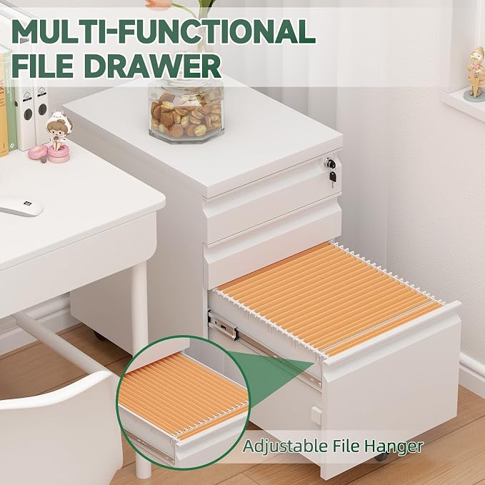 3 Drawer File Cabinet, Metal Printer Stand with Roling Caster, Under Desk Storage for Home Office, File Cabinet with Lock, No Assembly Required, White