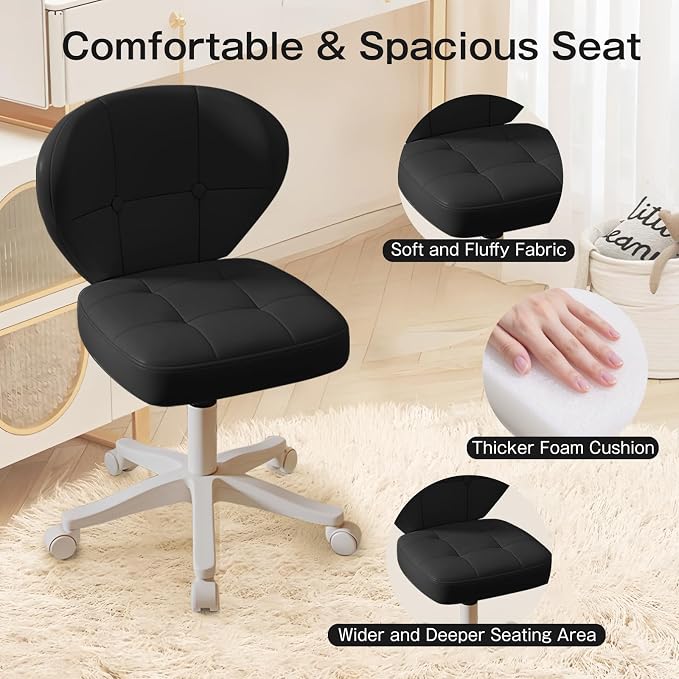 Vanity Chair with Back – Small Armless Office Chair with Wheels, Lumbar Support, PU Leather, Adjustable Height, 360° Swivel for Home, Bedroom, Office Black Set of 2