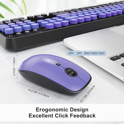 Wireless Keyboard and Mouse Combo, 2.4GHz Retro Typewriter Keyboard with Round Keycaps, Full-Size Creamy Silent Office Set for Desktop Laptop PC Computer (102 Keys Purple Black)