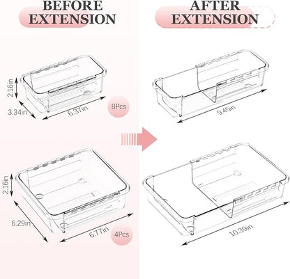 DILIBRA 12 Pcs Clear Extendable Drawer Organizer, Adjustable Drawer Storage 2-Size Desk Drawer Organizer, Plastic Non-Slip Storage Bins for Makeup Cosmetic Jewelries Utensils Stationery Dressers