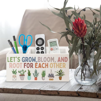 Boho Plant Classroom Wooden Pen Pencil Holder for Office Desk Accessories, Back to School Supplies for Students College Boys Girls Teachers First Day of School, Let's Root for Each Other