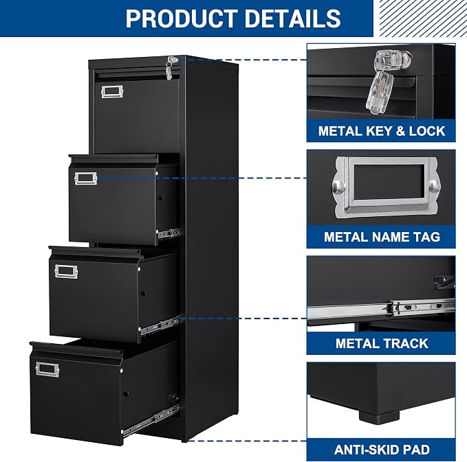 Fesbos File Cabinet - 4 Drawers Vertical 17.8" Deep Lockable Filing Cabinet Black Metal Storage Cabinets for Home Office to Hanging Files Letter/Legal/F4/A4 Size