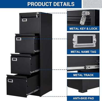 Fesbos File Cabinet - 4 Drawers Vertical 17.8" Deep Lockable Filing Cabinet Black Metal Storage Cabinets for Home Office to Hanging Files Letter/Legal/F4/A4 Size
