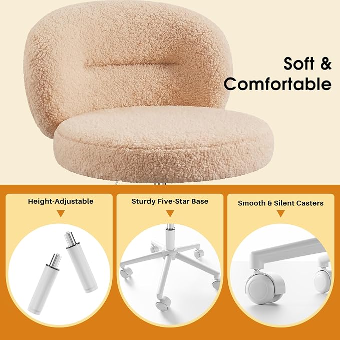 Homkdom Round Vanity Chair with Wheels, Ultra-Soft Desk Chair, Height Adjusts to Your Mirror, Silent Casters, Cute Bedroom Dressing Chair for Daily Beauty Routines, Yellow