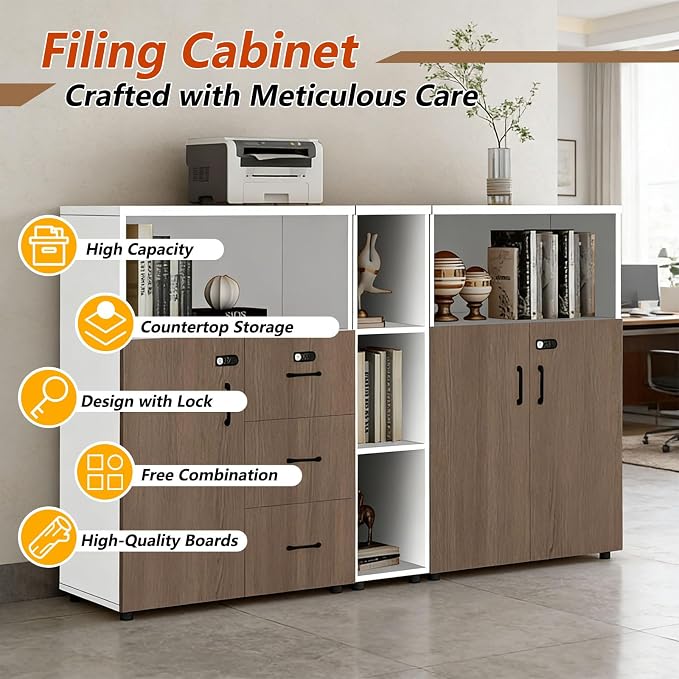 File Cabinet with Password Lock, Wood Lateral Filing Cabinet for Letter/A4 Files, 3 Drawer with Door, Printer Stand with Open Shelves for Home Office