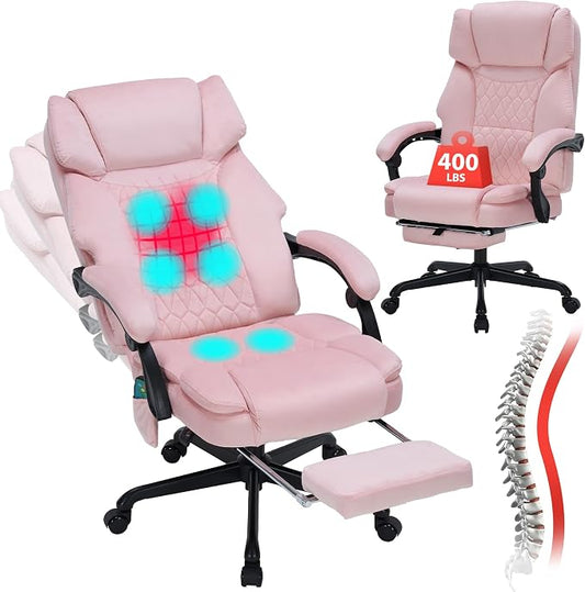 Massage Office Chair with Foot Rest 6 Points Vibration and Heat Home Office Desk Chairs for Heavy People 400lbs Reclining Managerial Chairs Ergonomic Executive Chair (Pink)