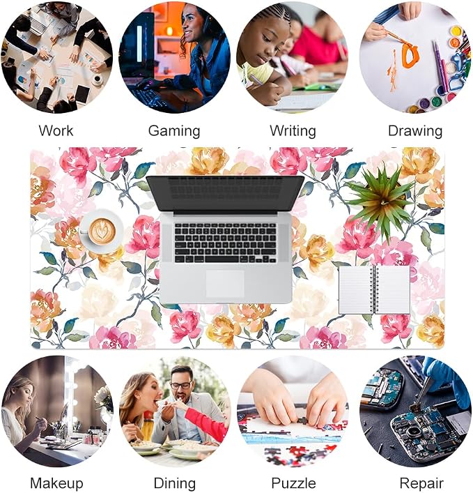 QIYI Floral Mouse Pad, Watercolor Flowers Desk Mat for Desktop, Women Girls Office Décor Accessories, PU Leather Waterproof Gaming Mousepad, Pink Yellow Peonies Desk Pad Computer Mat, 31.5" x 15.7"