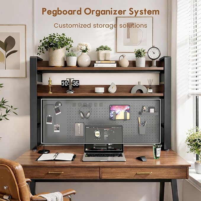 Lefedrasticity Desktop Bookshelf Organizer with Pegboard 3 Tier Desk Hutch Dorm Heavy-Duty Desk Shelf Organizer for Computer Desktop Organizer Shelf for Office Dorm Room Gaming Desks (Black, 37.4" L)