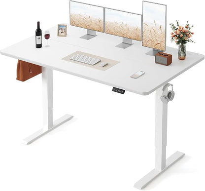 FEZIBO Standing Desk, 55×28 Inches Electric Height Adjustable, Sit Stand Up, Computer Office Desk with Splice Board, While Frame/While TOP