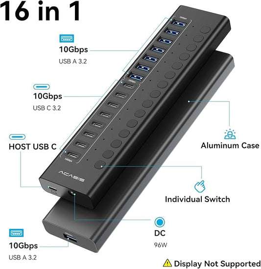 Powered USB 3.2 Hub, ACASIS 16 Ports USB 3.2 Hub(8 USB-A 3.2 Ports+8 USB-C 3.2 Ports), Aluminum USB Hub Powered with 96W Power Adapter, USB Hub for PC/Laptop, Computer, Flash Drive, Printer, Camera