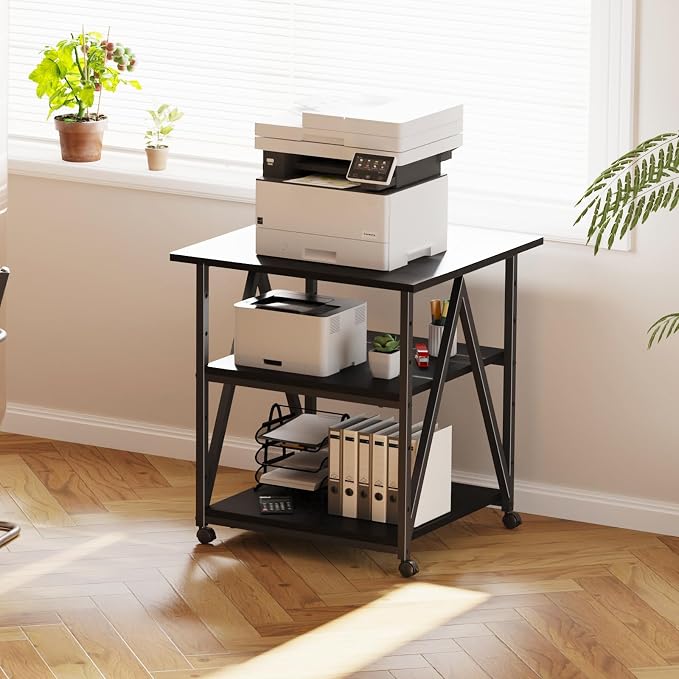 Arbuxzuy 3-Tier Printer Stand, Large Printer Table with Storage, Industrial Printer Storage Cart with Wheels, Rolling Printer Stand for Heat Press Scanner Fax, Black