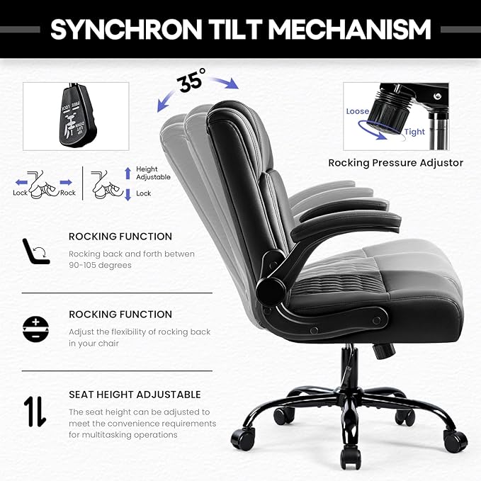 OFIKA Leather Office Desk Chair,Ergonomic Office Chair with Lumbar Support,Computer Chair,Executive Leather Chair with Padded Flip-up Arm,Adjustable Armrests, Black,275LBS