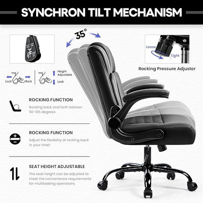 OFIKA Leather Office Desk Chair,Ergonomic Office Chair with Lumbar Support,Computer Chair,Executive Leather Chair with Padded Flip-up Arm,Adjustable Armrests, Black,275LBS