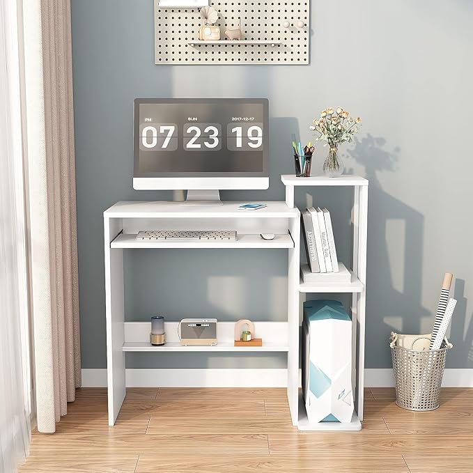 ALISENED Computer Desk with Storage Shelves, Home Office Desk with Monitor Stand, Small Writing Desk Table with Keyboard Tray,Study Table with CPU Stand for Small Spaces (35"-White)