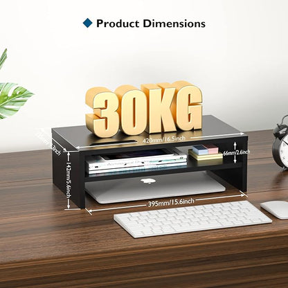 BONTEC Wooden Monitor Stand Riser, 2-Tier Desk Shelf with Storage Organizer, Ergonomic Computer Stand with Cable Management, Cellphone Holder, Black, 16.5 Inch