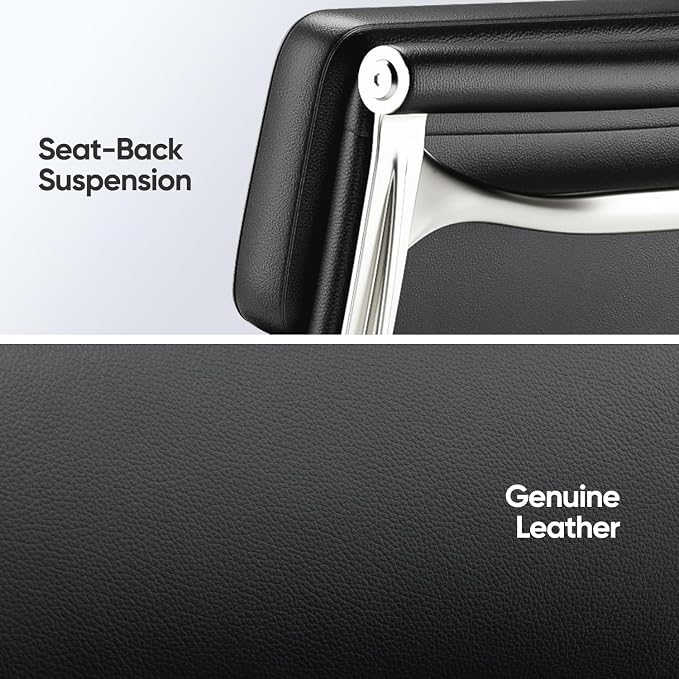 Genuine Leather Office Chair, Padded Mid Back Ergonomic Executive Desk Chair with Aluminum Arm Rest and Base, Swivel Wheels with Lumbar Support & Tilting Function, Hight Adjustable, Black
