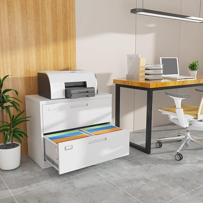 BYNSOE 2 Drawer Lateral File Cabinet Metal Filing Storage Cabinet with Lock Office Home Steel File Cabinet for A4 Legal/Letter Size File Cabinet Locked,Assembly Required (2 Drawer, White)