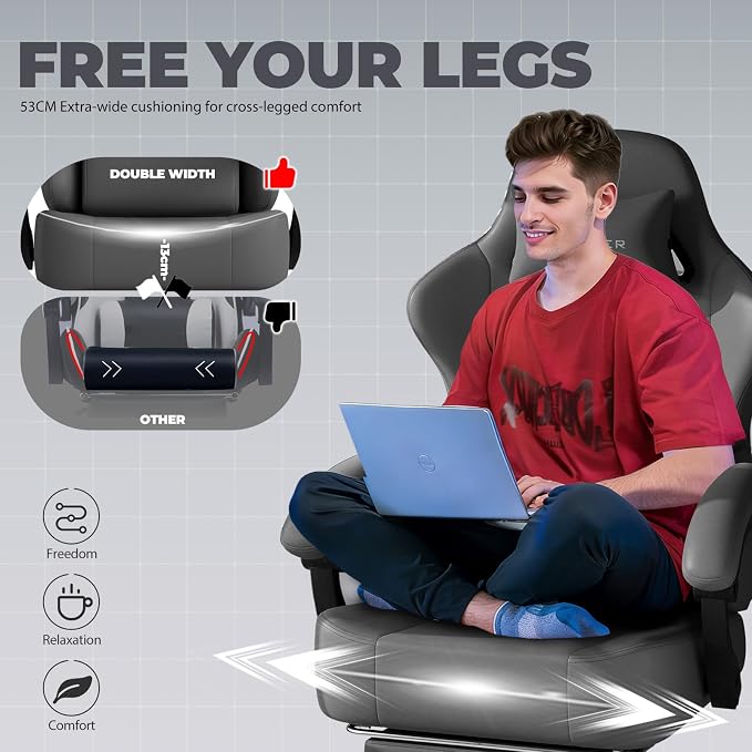 GTPLAYER Big and Tall Gaming Chair 400lbs Heavy Duty Office Chair with Footrest, High Back Pocket Spring Ergonomic Computer Chair for Adults, Wide Seated Cushion with Linkage Armrests, Leather Grey